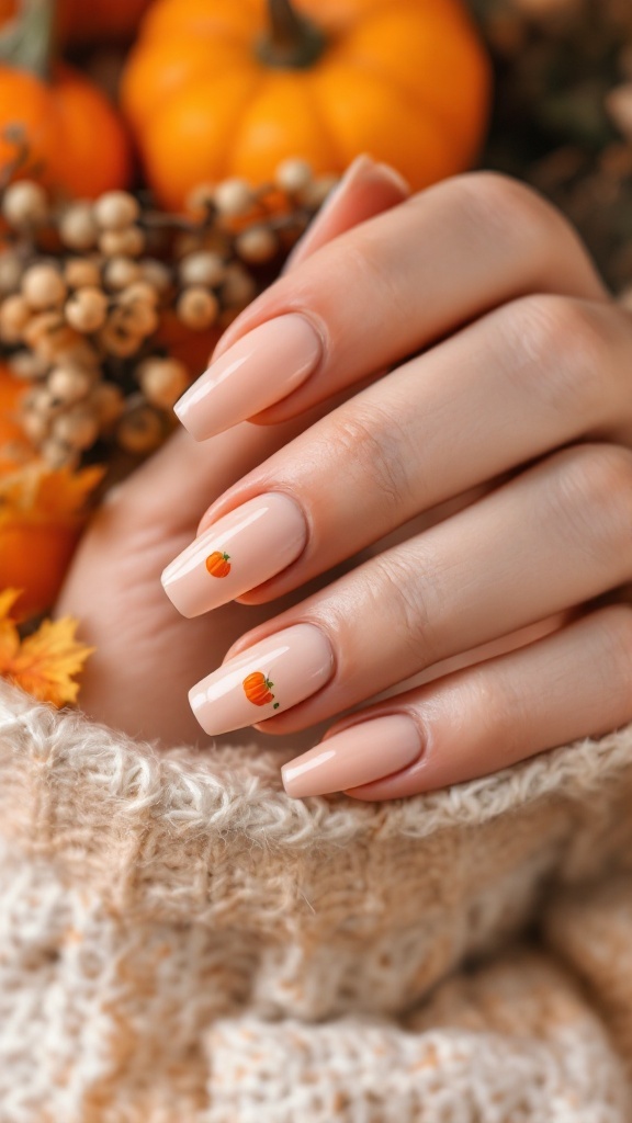 Nails painted in soft peach with small pumpkin motifs, resting on a cozy knitted sweater, with pumpkins in the background.