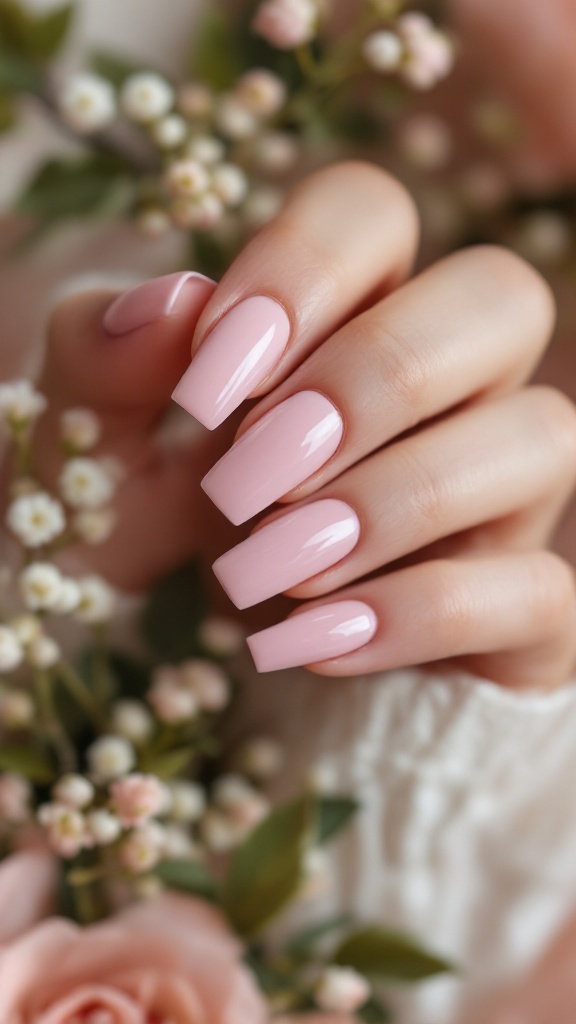 Square wedding nails painted in soft pink with floral accents