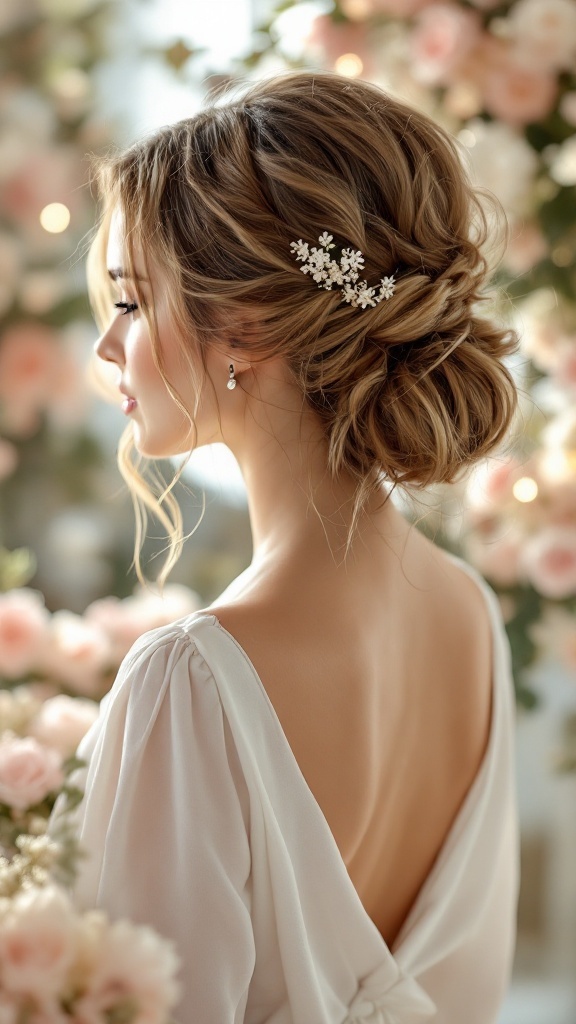 A soft romantic updo hairstyle for a bridesmaid, featuring flowing waves and a floral accessory, set against a backdrop of flowers.