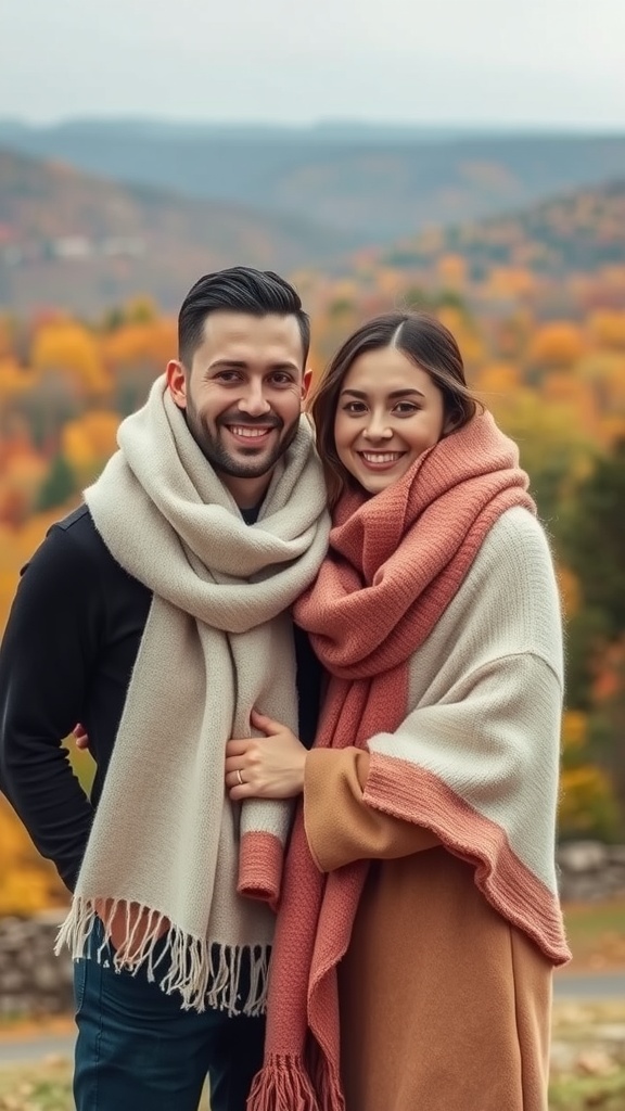 A couple wearing soft scarves in a fall setting, showcasing warm colors and a cozy atmosphere.