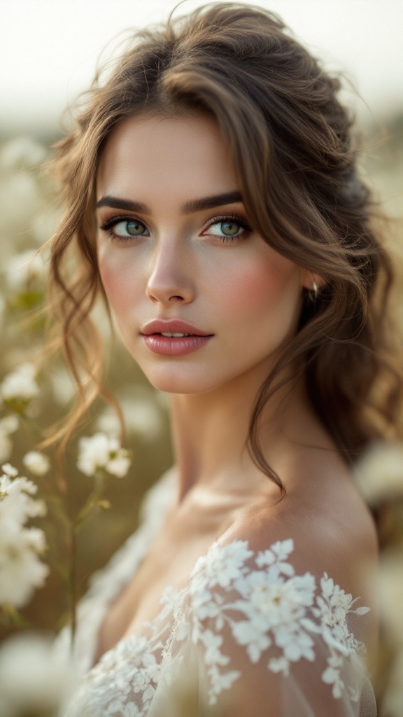 A bride with soft side-swept curls, surrounded by flowers