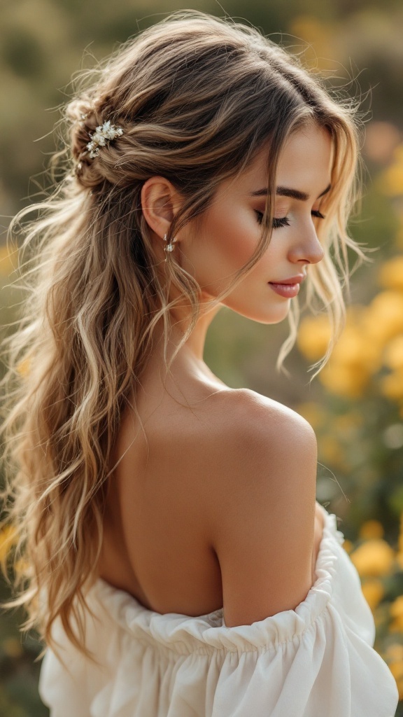 Bridesmaid with soft undone waves and floral hair accessory
