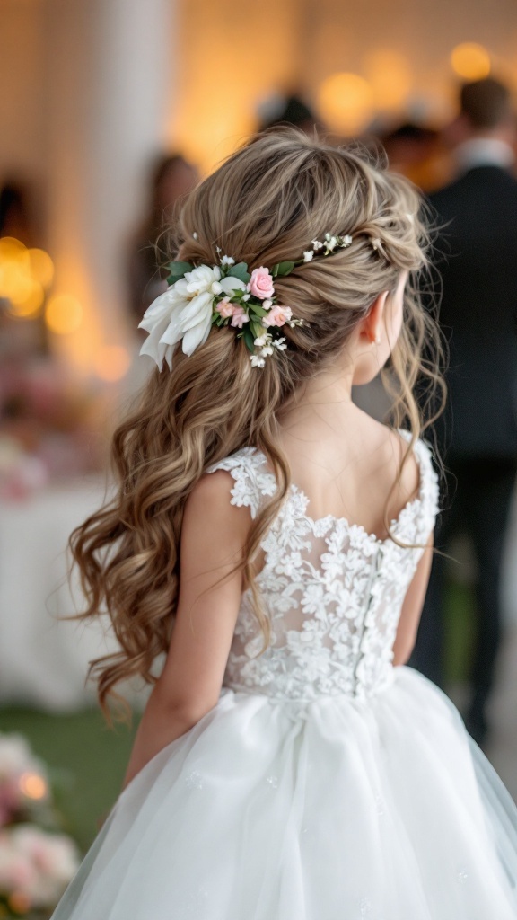 Little girl with soft waves and floral clip in her hair, wearing a beautiful white dress