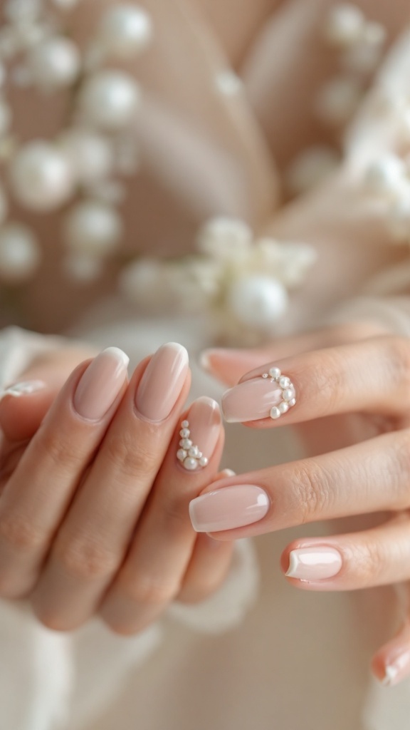 Wedding nails with soft white pearls on a nude base, showcasing elegance and sophistication.