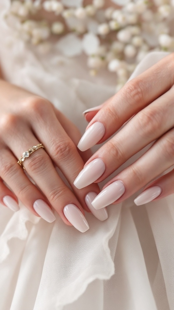 A bride's hands with glossy nude nails, wearing a delicate ring, alongside a wedding dress with floral accents.