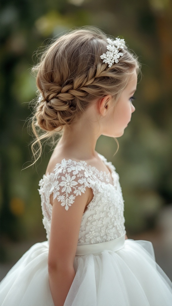 A little girl with a low side braid hairstyle, adorned with a floral hairpiece, wearing a lace dress.