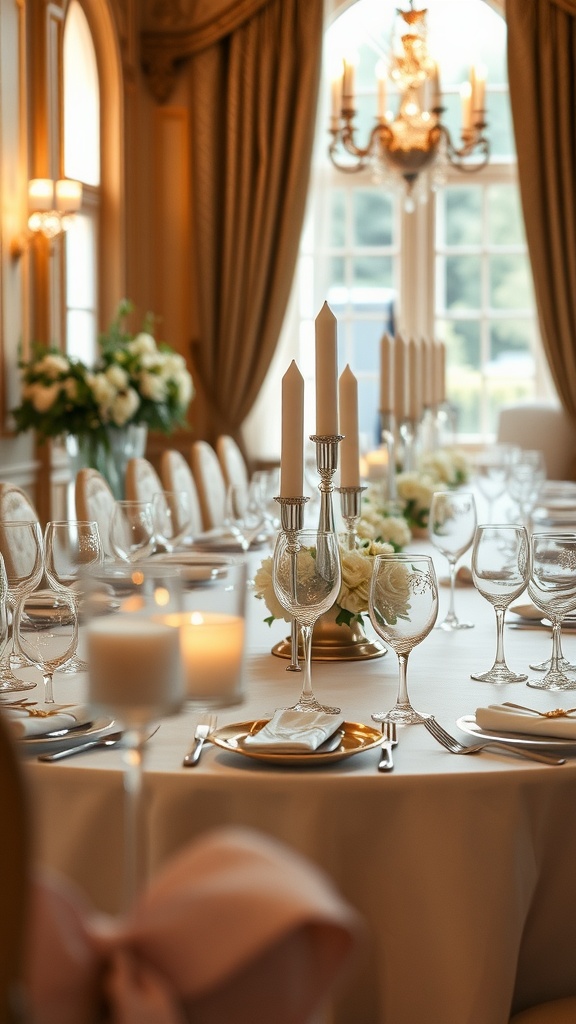 Elegant indoor wedding reception table setting with candles, flowers, and fine glassware.