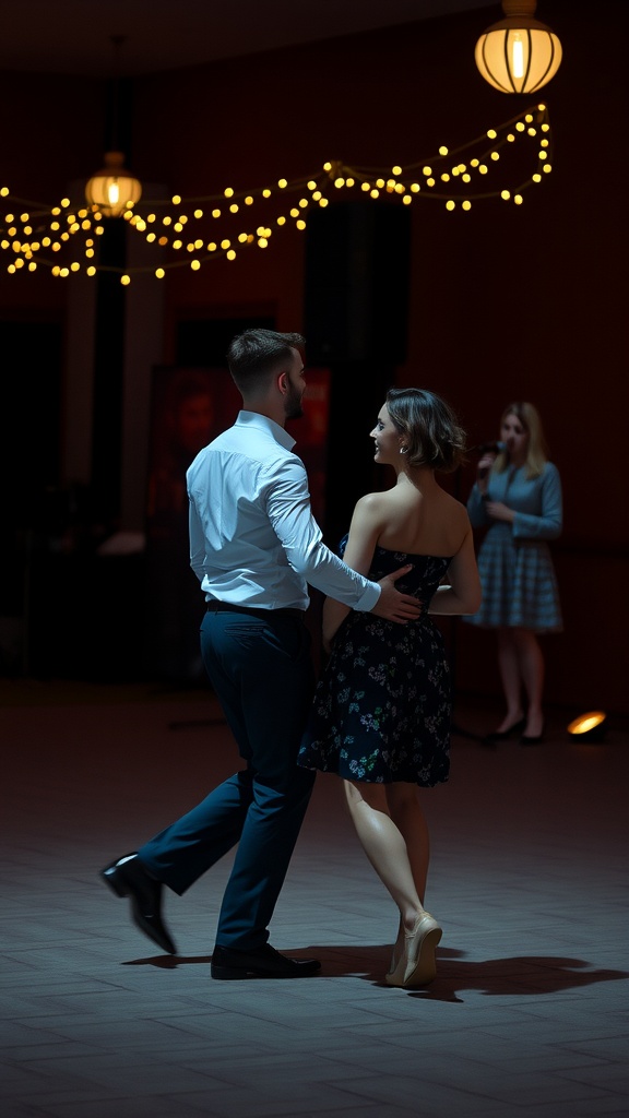 Couple dancing during their wedding reception under twinkling lights.