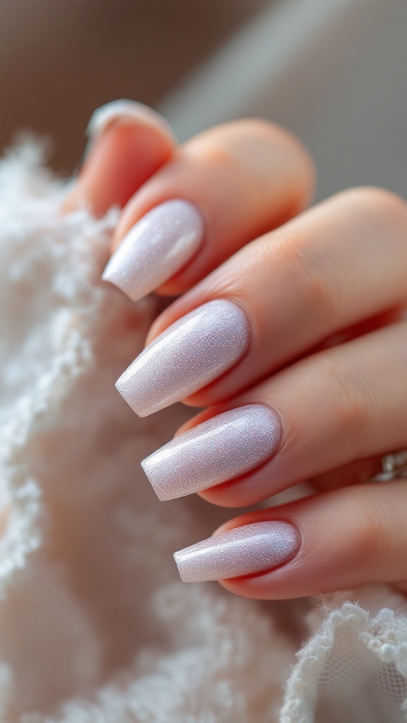 Close-up of bride's nails with a sparkling glitter fade effect and soft gradient