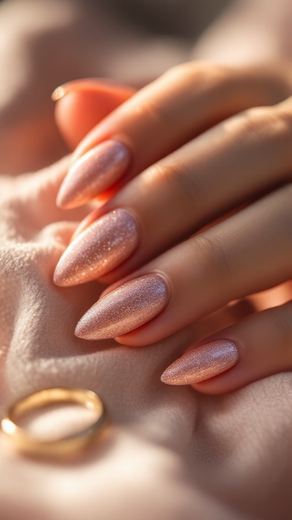 A close-up of sparkling rose gold almond nails with a gold ring in the background
