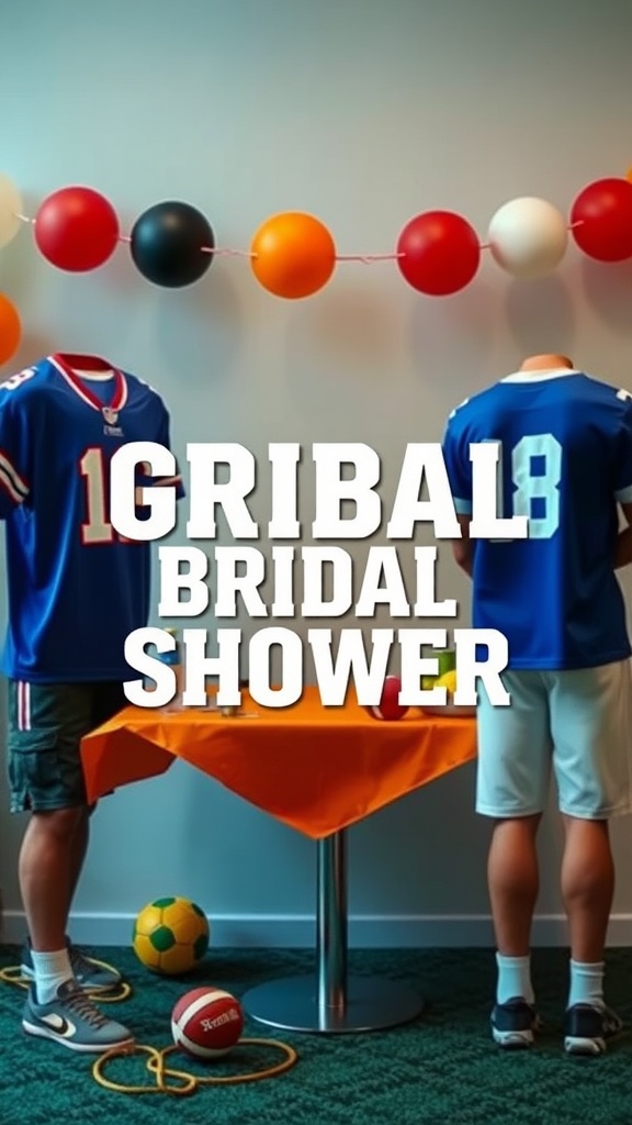 A sports-themed bridal shower setup with jerseys, balloons, and a table.