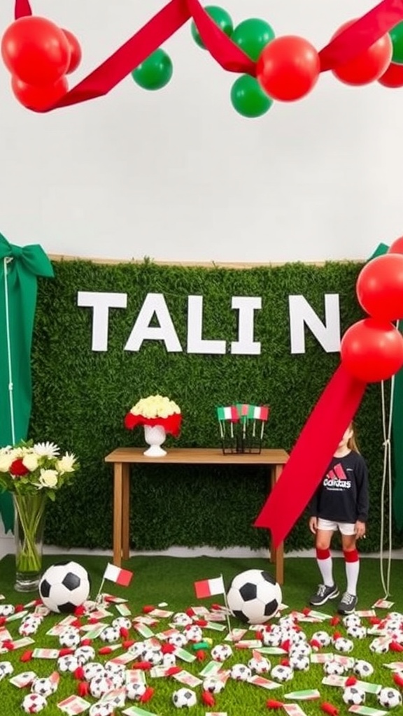 A lively setup for a sporty Italian soccer themed bridal shower, featuring decorations in red, white, and green with soccer elements.