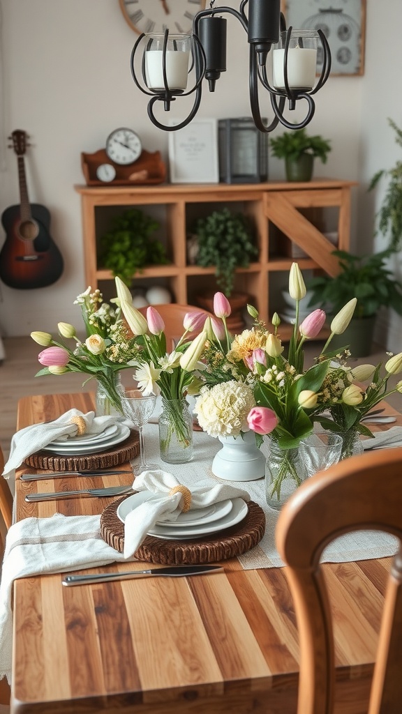 A beautifully arranged table for a spring bridal shower featuring pastel flowers, wooden elements, and elegant tableware.