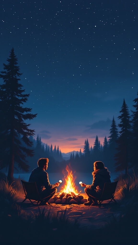 Couple sitting by a campfire under a starlit sky, roasting marshmallows.