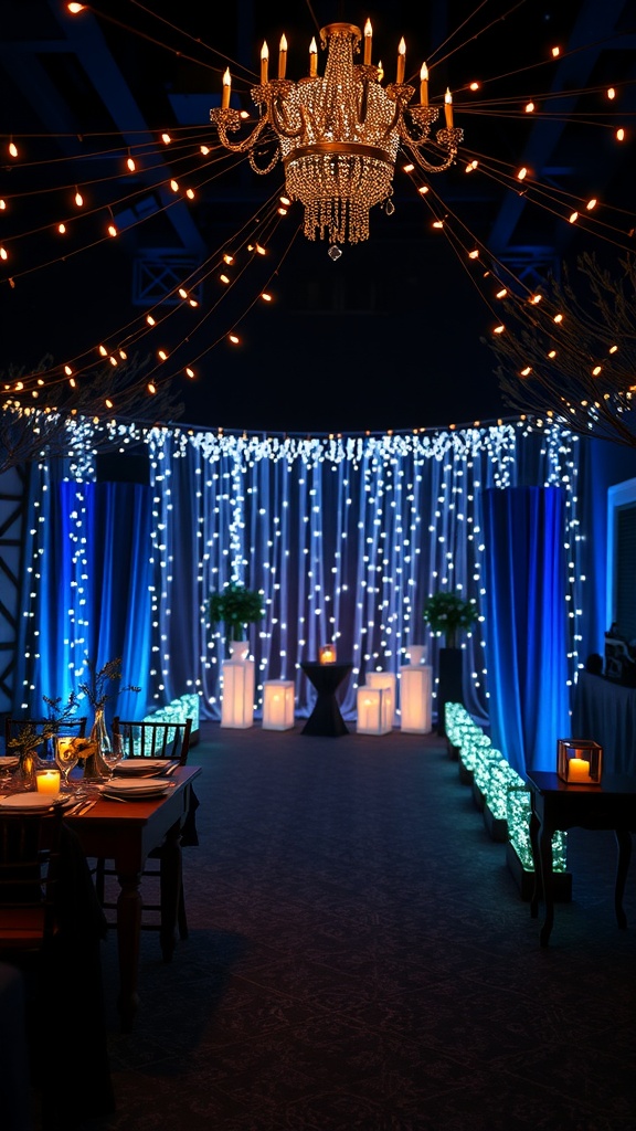 A beautifully decorated venue for a bridal shower with chandeliers, string lights, and a blue color scheme.