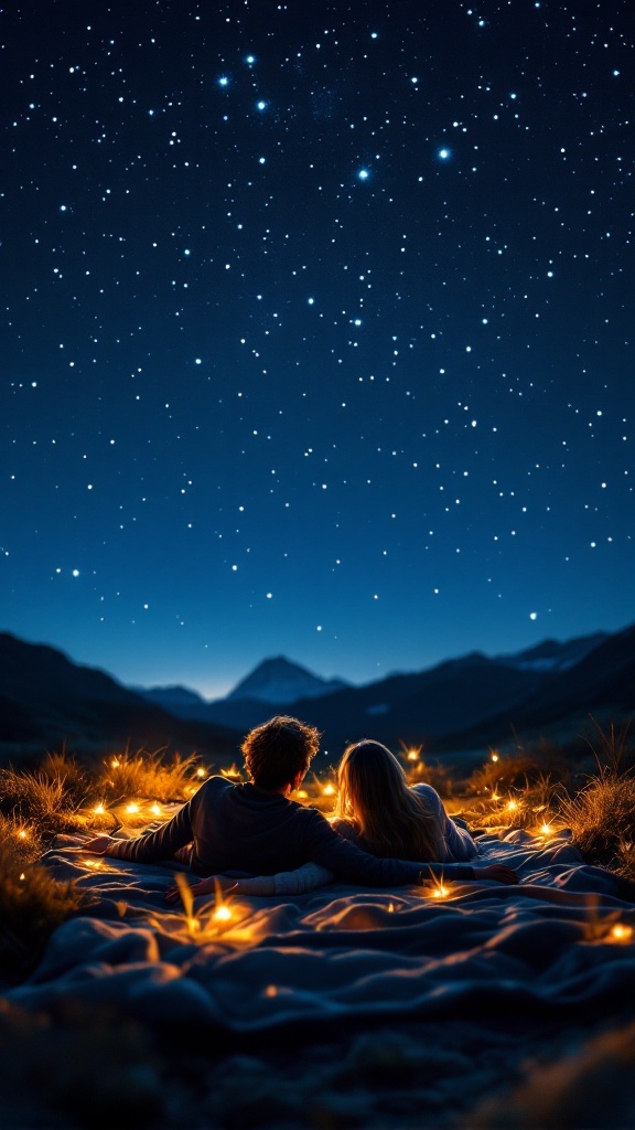 A couple lying on a blanket under a starry night sky, surrounded by glowing lights.