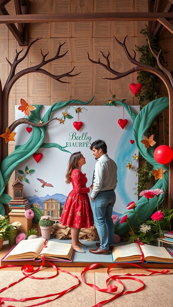 Couple standing in front of a storybook-themed backdrop with trees, books, and hearts.