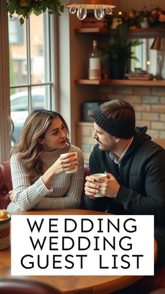 A couple discussing their wedding guest list over coffee in a cozy cafe.