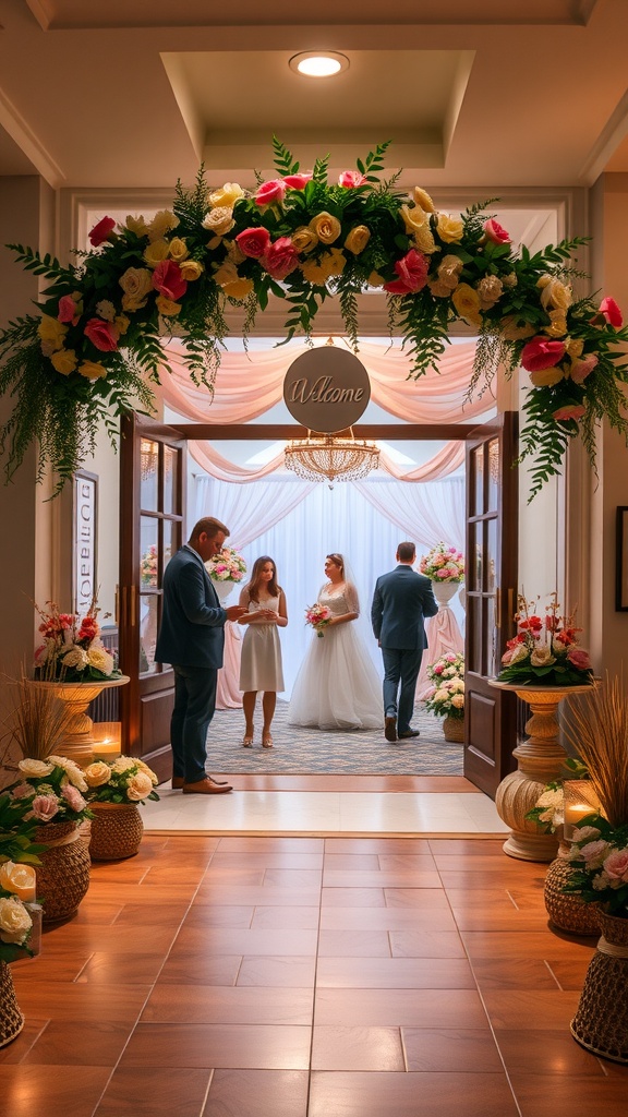 A beautiful entrance decorated with flowers and a 'Welcome' sign for an engagement party.