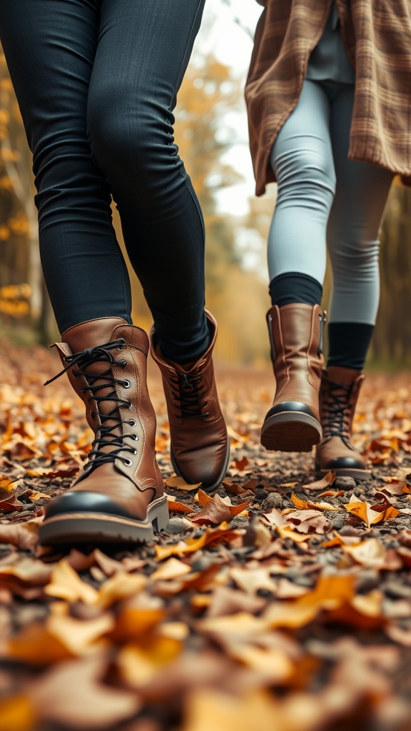 Two people wearing stylish boots walking on a path covered with autumn leaves.