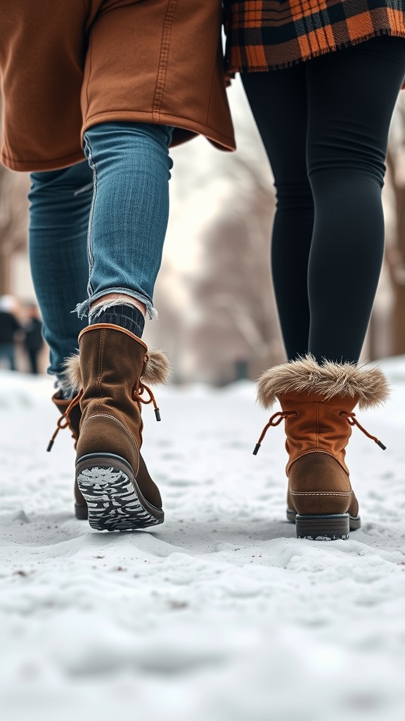 A couple walking in the snow wearing stylish winter boots.