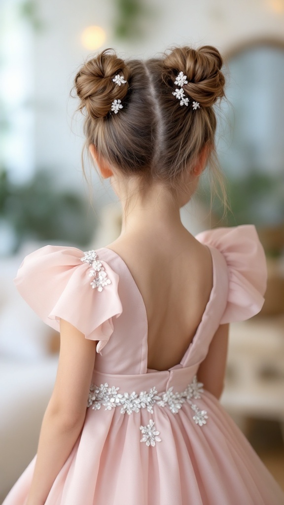 Little girl with double buns hairstyle and a pink dress with floral details.