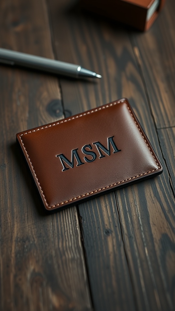 Stylish leather wallet with initials on a wooden table.