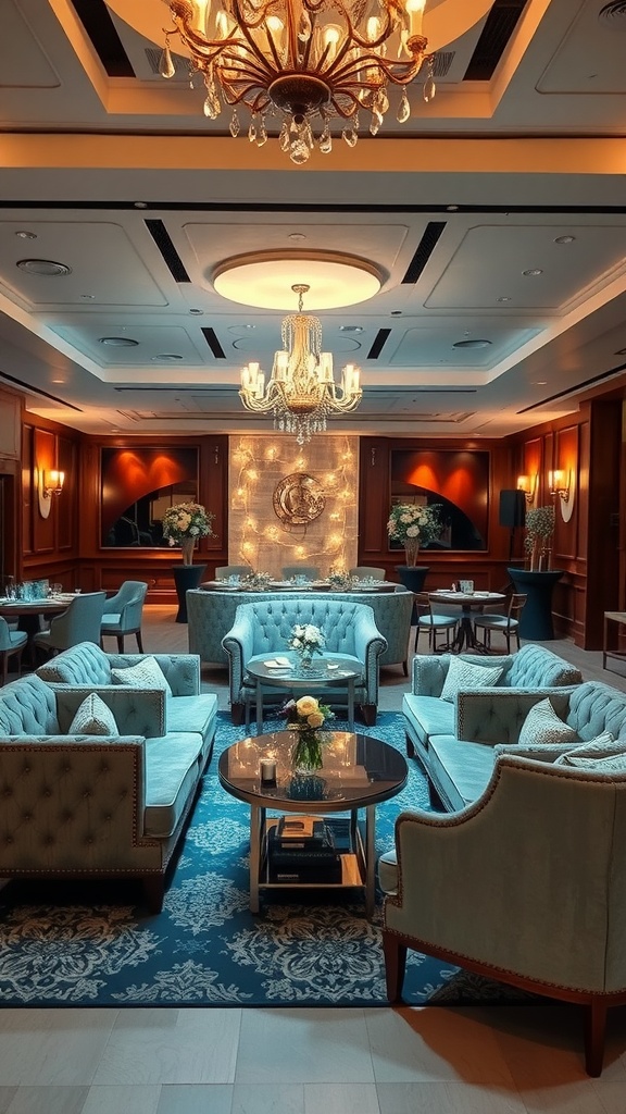 Stylish lounge area with blue furniture, elegant chandeliers, and floral decor