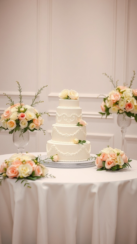 Stylish wedding cake display featuring a tiered cake with floral arrangements