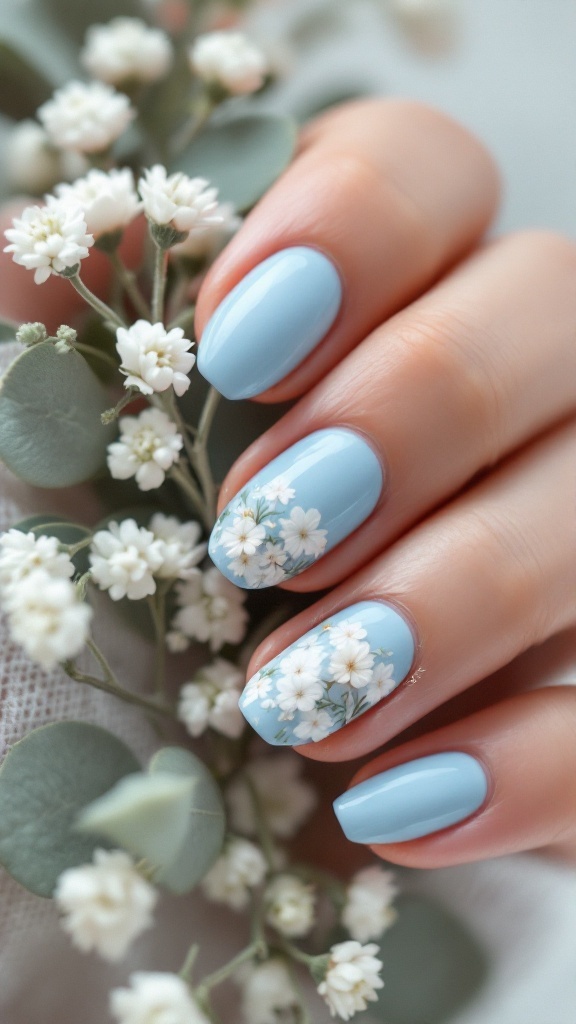 Nails with subtle blue polish and delicate white floral designs.