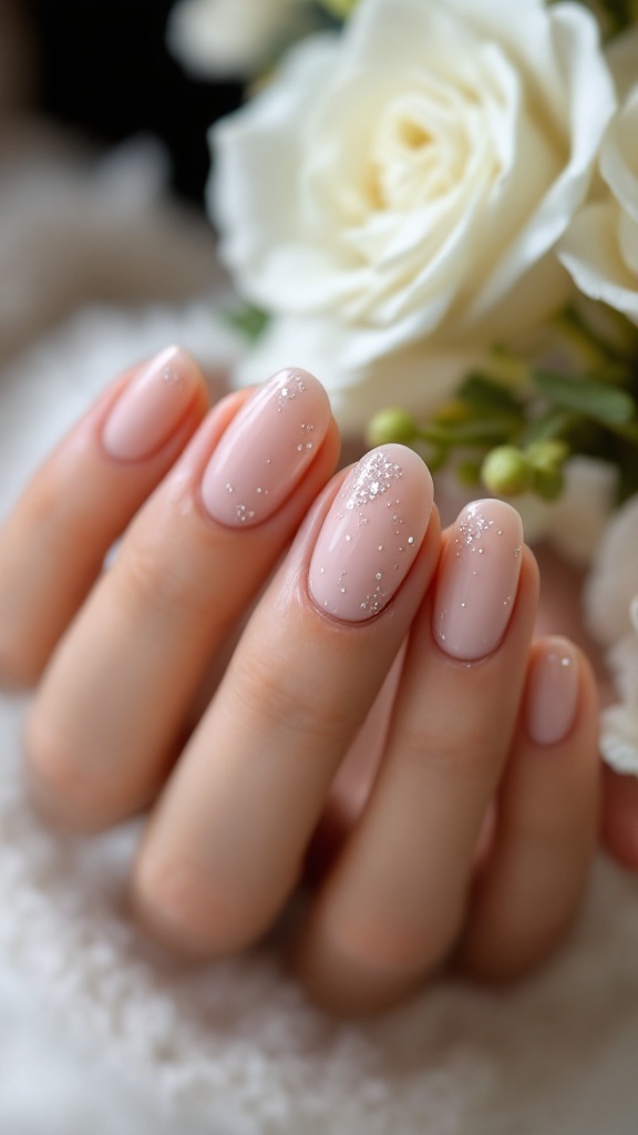 Nude wedding nails with subtle glitter accents, presented against a backdrop of white roses