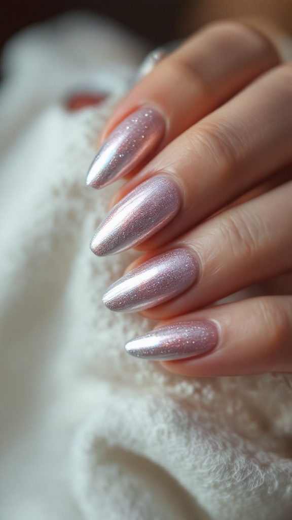 Close-up of a hand with metallic pink nails resting on a soft fabric