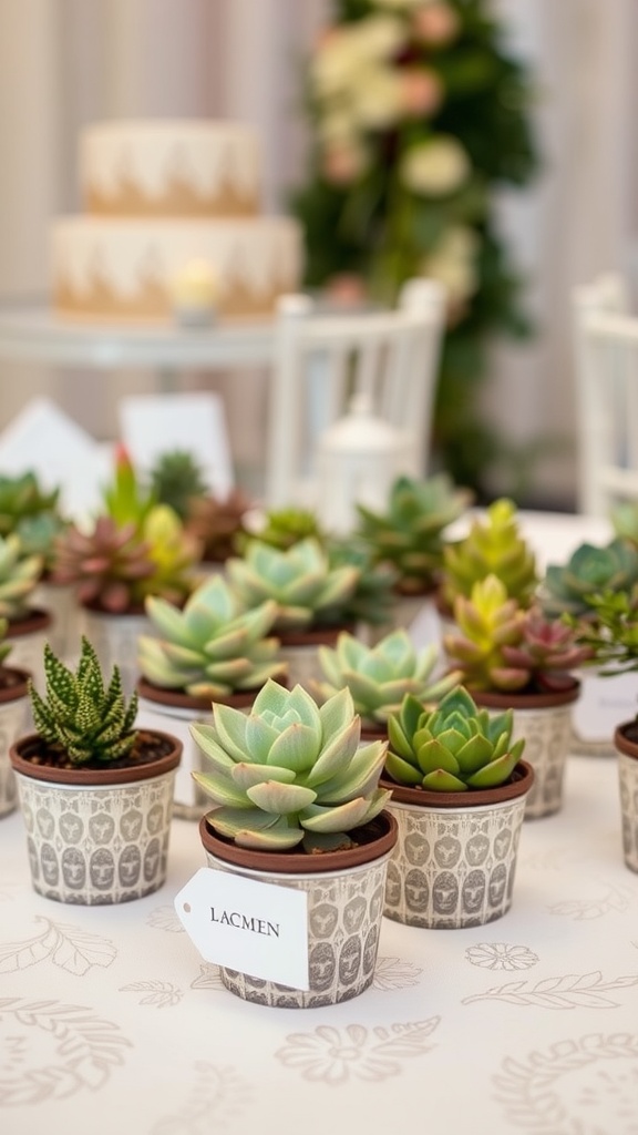 Table setup with small succulent plants in decorative pots, labeled with names.