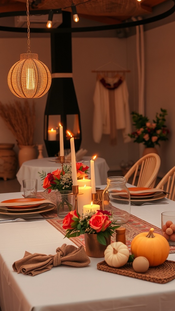 A beautifully set table for a bridal shower featuring a sunset color palette with candles, flowers, and pumpkins.