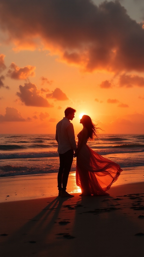 A couple holding hands on the beach at sunset, creating a romantic silhouette.