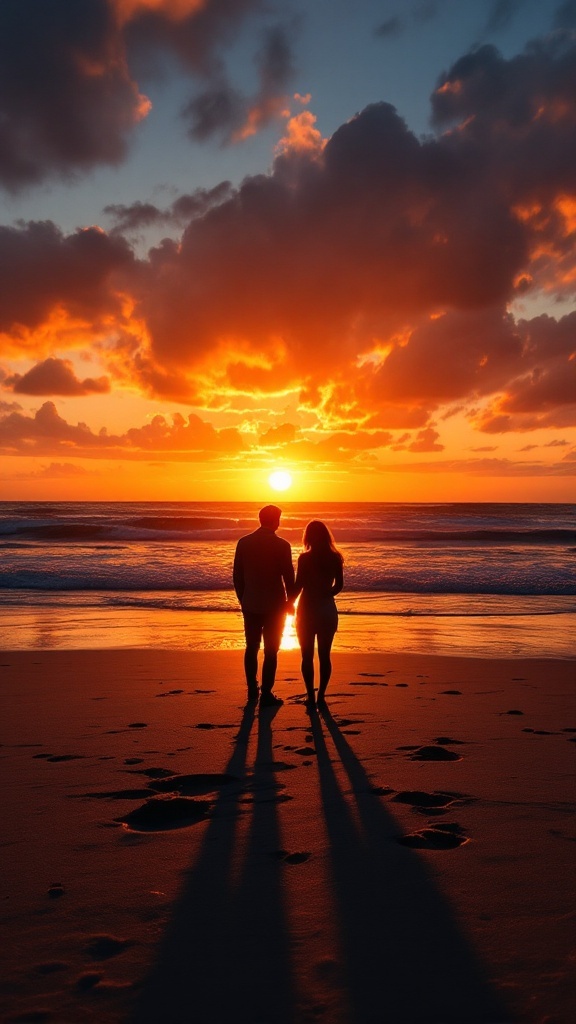 A couple holding hands on the beach during sunset, creating a silhouette against a colorful sky.