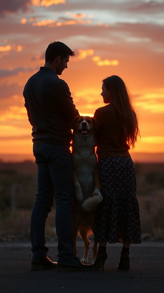 A couple embracing at sunset with their dog, creating a warm and loving atmosphere.