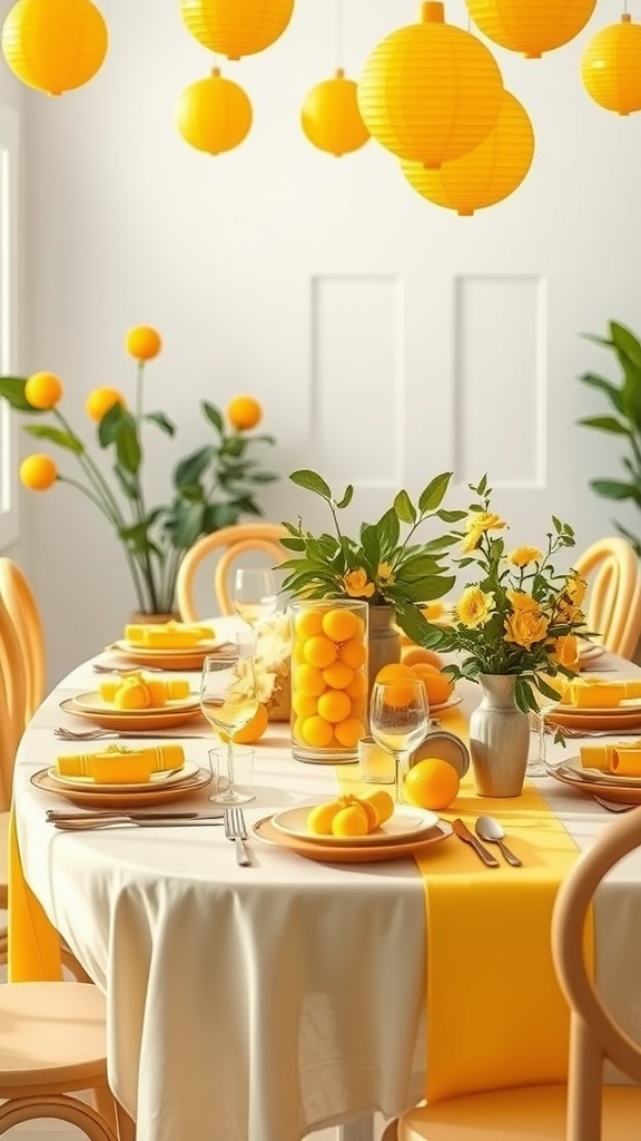 A beautifully arranged table for a bridal shower, featuring yellow decor and citrus-themed elements.