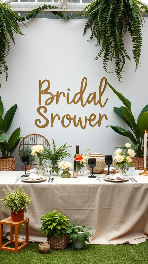 A beautifully arranged bridal shower table featuring plants, neutral linens, and simple decor.