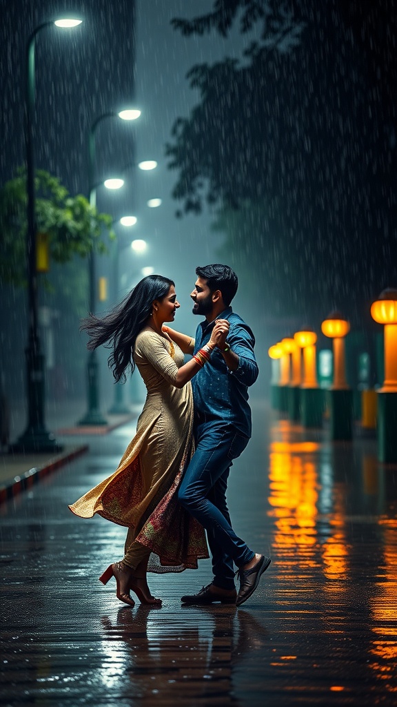 A couple dancing in the rain on a street, illuminated by soft streetlights.