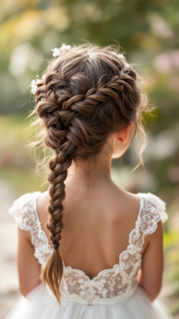 A little girl with a heart-shaped braid hairstyle decorated with flowers.