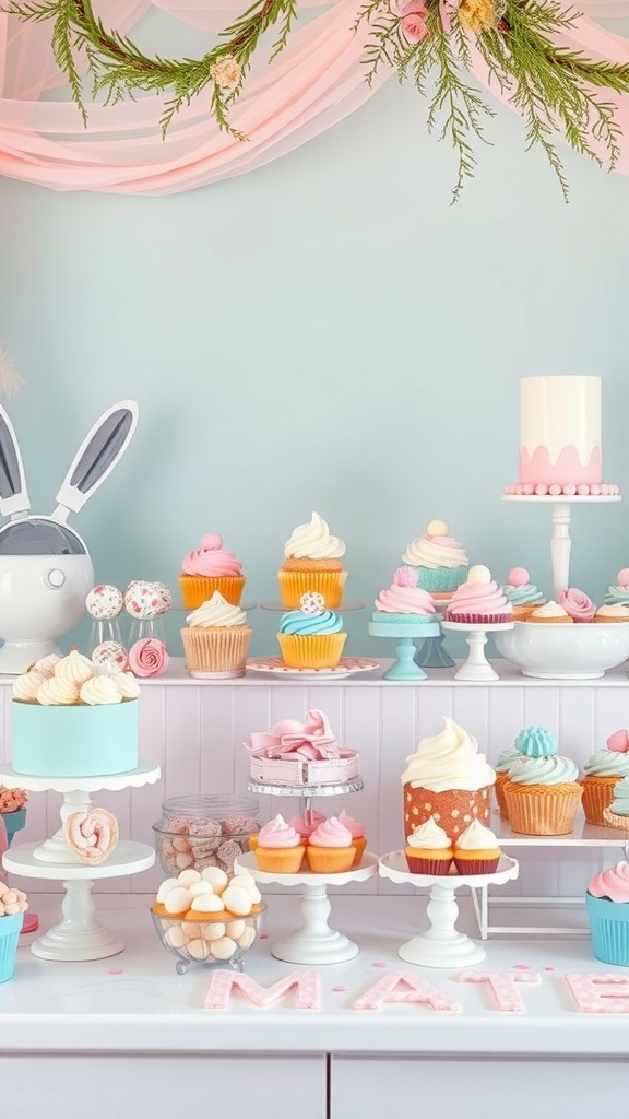 Colorful dessert bar with cupcakes, cookies, and cakes for a bridal shower