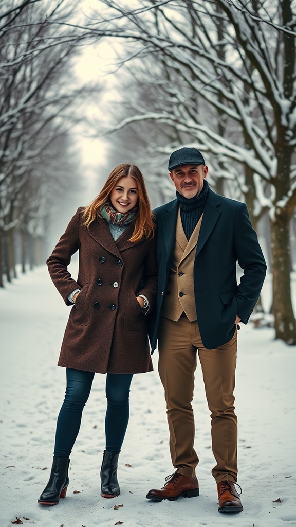 A couple dressed in winter outfits, including a tailored blazer, smiling together in a snowy landscape.
