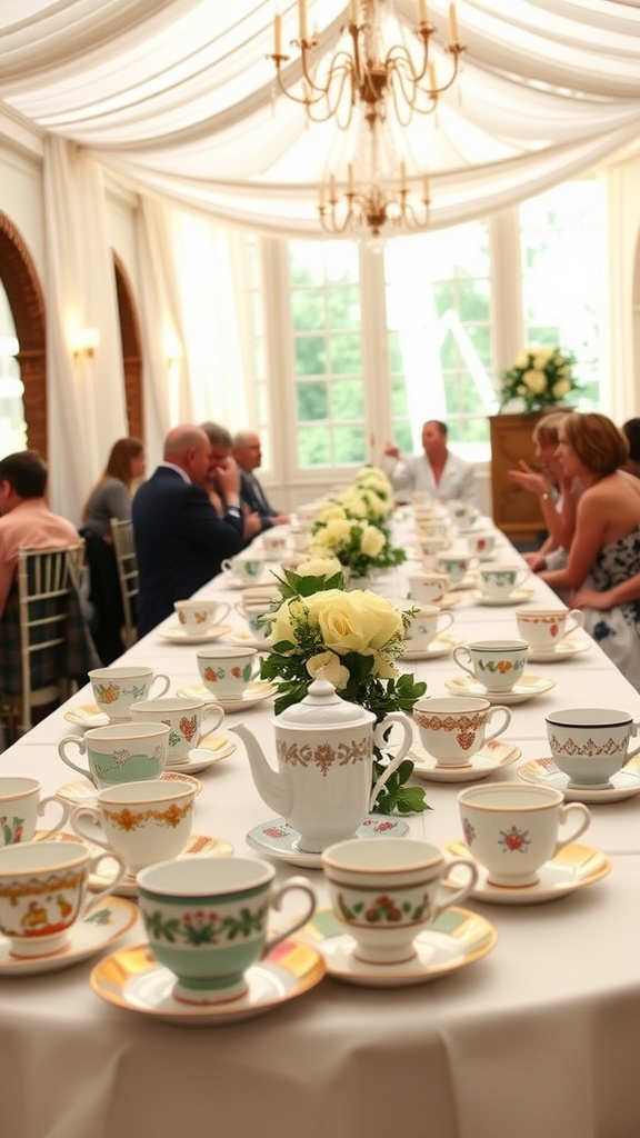 A beautifully arranged tea party wedding setting with colorful china and a floral centerpiece.