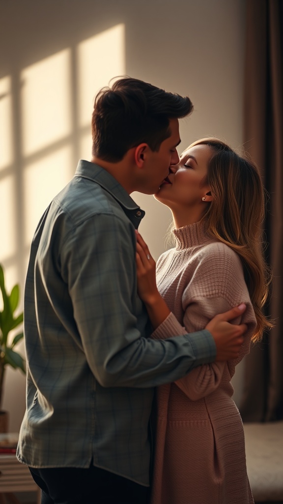 Couple sharing a kiss in a cozy studio setting.