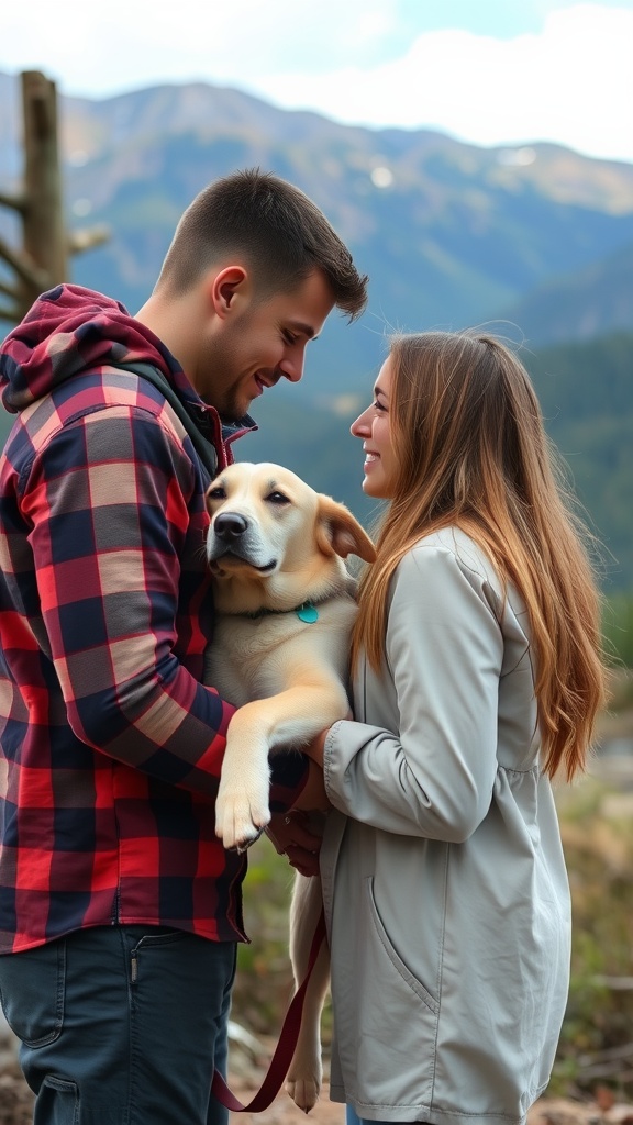 Couple holding their dog in a scenic mountain setting, smiling at each other.