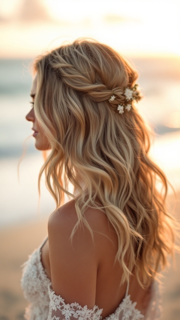 A woman with medium-length hair styled in textured beachy waves, adorned with flowers, captured at sunset