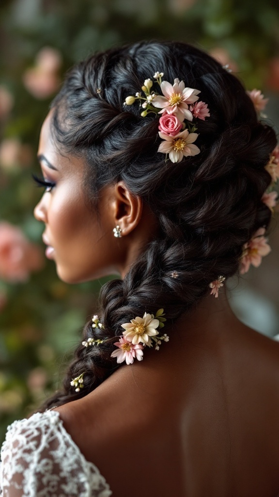 A beautiful textured braid adorned with cascading flowers, showcasing an elegant hairstyle for black bridesmaids.