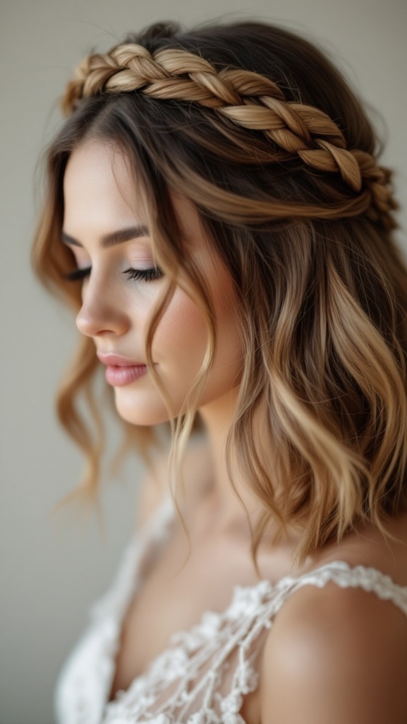 A woman with a textured lob hairstyle adorned with a braided crown, showcasing a soft and romantic look.