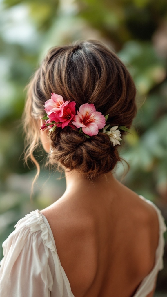 A textured low bun hairstyle adorned with pink and white bougainvillea flowers.